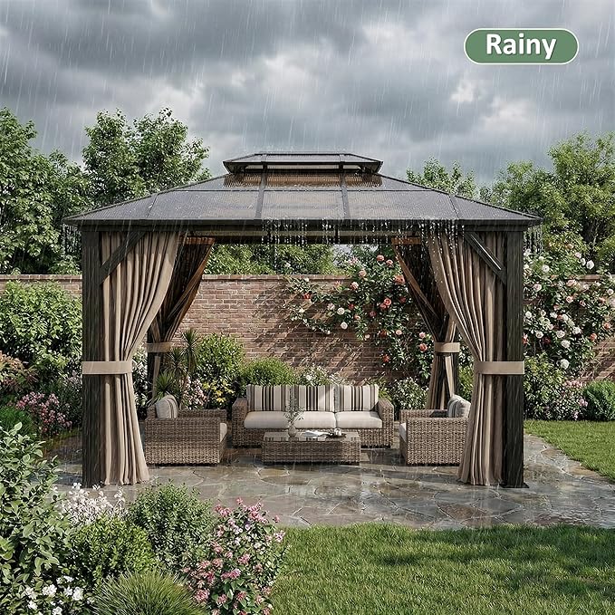 10'x12' Hardtop Gazebo, Outdoor Polycarbonate Roof Canopy, Aluminum Frame Permanent Pavilion with Curtains and Netting, Canopy for Garden, Patio, Lawns