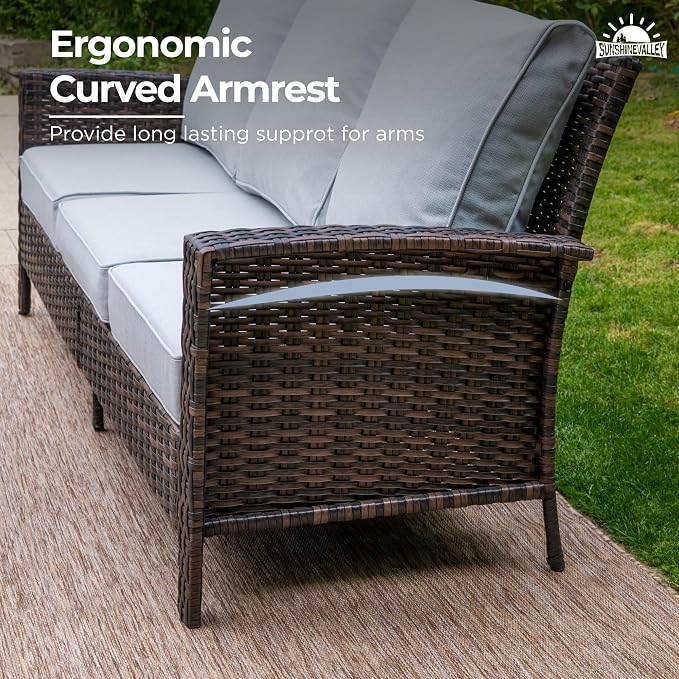SUNSHINE VALLEY Patio Furniture Set with Swivel Chairs, High Back Wicker Rattan Furniture with 5.5" Thick Cushions and Coffee Table, Outdoor Conversation Set for Backyard Deck,7 Seats, Grey