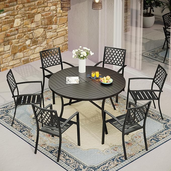 MFSTUDIO Round Patio Table and Chairs Set, Outdoor Dining Set for 6 with Umbrella Hole, 7 Piece Patio Dining Set for Deck Backyard Poolside Garden