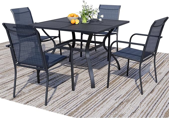 5-Piece Outdoor Dining Set, Square Metal Table with Dark Blue Chairs, Black Patio Table with Umbrella Hole for Garden, Yard, Patio