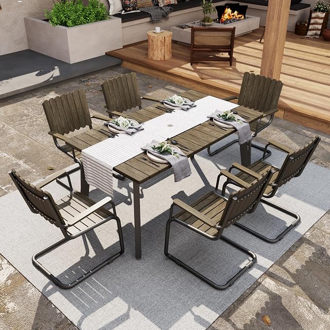 7 Piece Outdoor Conversation Set for 6, HDPE Patio Seating Set with Table and Chairs, All-Weather Outdoor Lounge Furniture with Umbrella Hole for Garden, Porch, Poolside, Gray