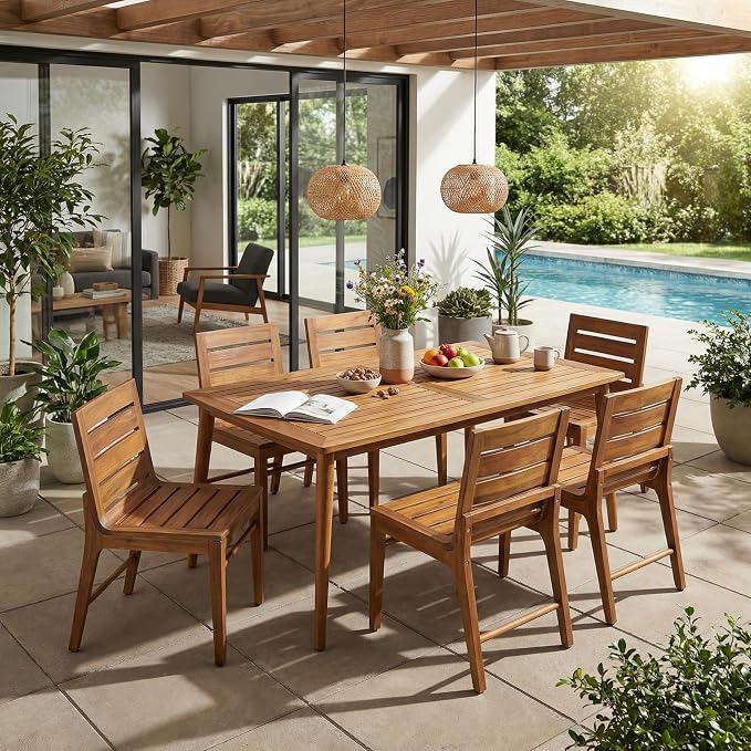 Christopher Knight Home 7 Piece Outdoor Dining Set, 71" Acacia Wood Patio Table with 6 Wooden Chairs, Teak Finish Solid Wood Dining Table Set for Backyard Garden Porch Deck