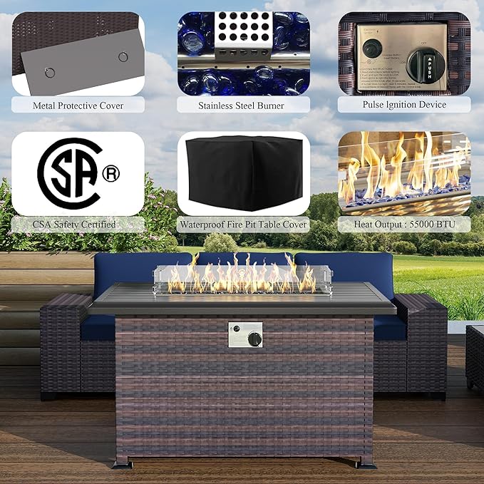 7 PCS Outdoor Patio Furniture Set,Outdoor Sectional Furniture with 43" 55000 BTU Gas Propane Fire Pit Table,All Weather PE Rattan Wicker Patio Conversation Set,Navy Blue