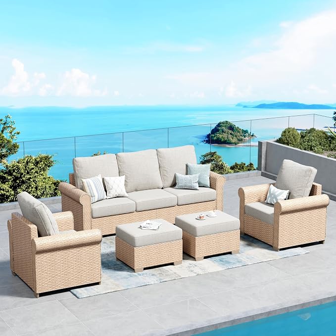 SUNSHINE VALLEY Patio Furniture Set 5 pcs, Wicker Rattan Sofa with 5.5" Thick Waterproof Cushions, 2 Chairs and Ottomans, All Weather Outdoor Conversation Set for Backyard Deck, 7 Seats Beige