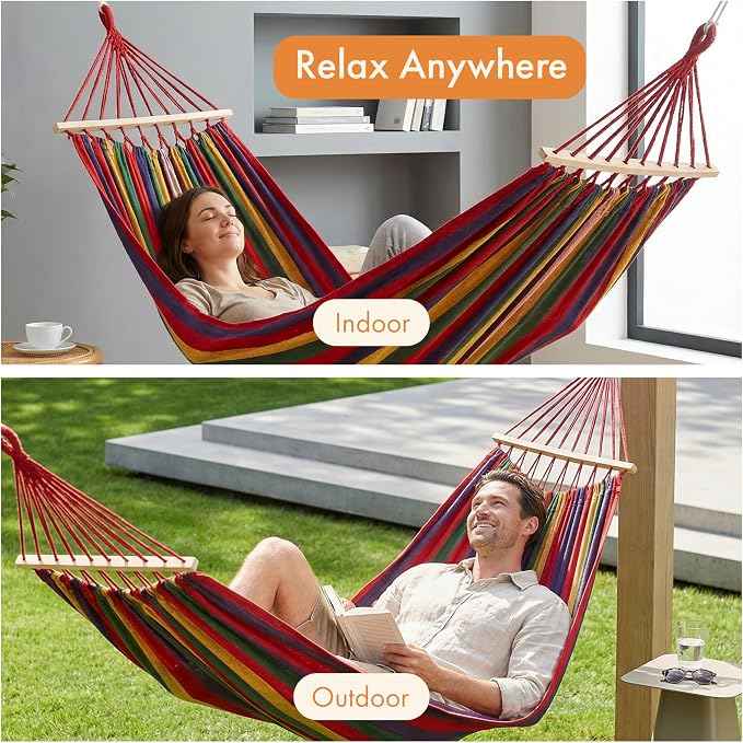 Gardenised Multicolor Striped Fabric Hammock with Wood Spreader Bars Portable Outdoor Hanging Design with Carry Bag S-Hooks and Ropes for Garden Backyard Patio Camping & Travel Use
