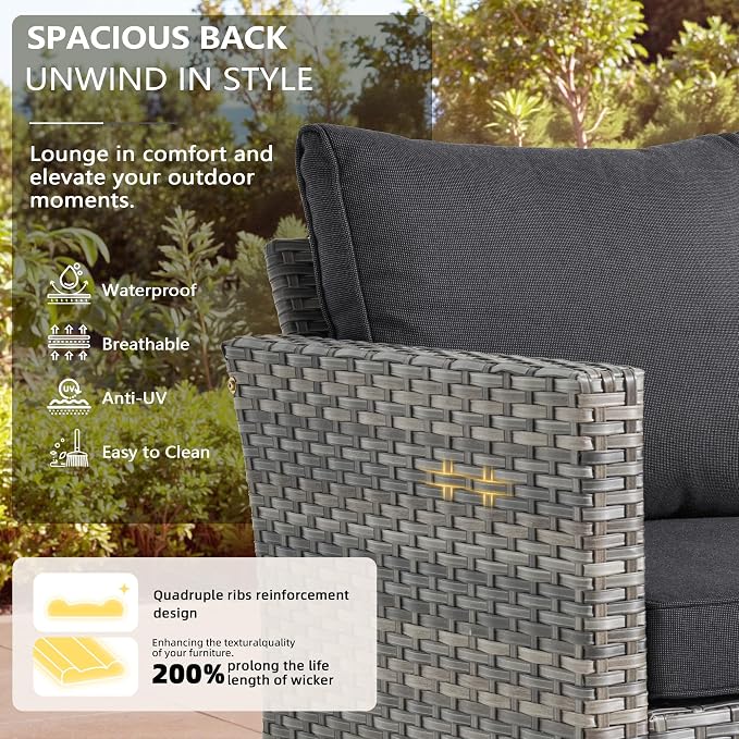 CAODOC Patio Furniture, All Weather Wicker 6 PCS Outdoor Sofa with High Back Swivel Rocker Chairs, Conversation Set with Solar Light Coffee Table,Light Rattan Black Cushion