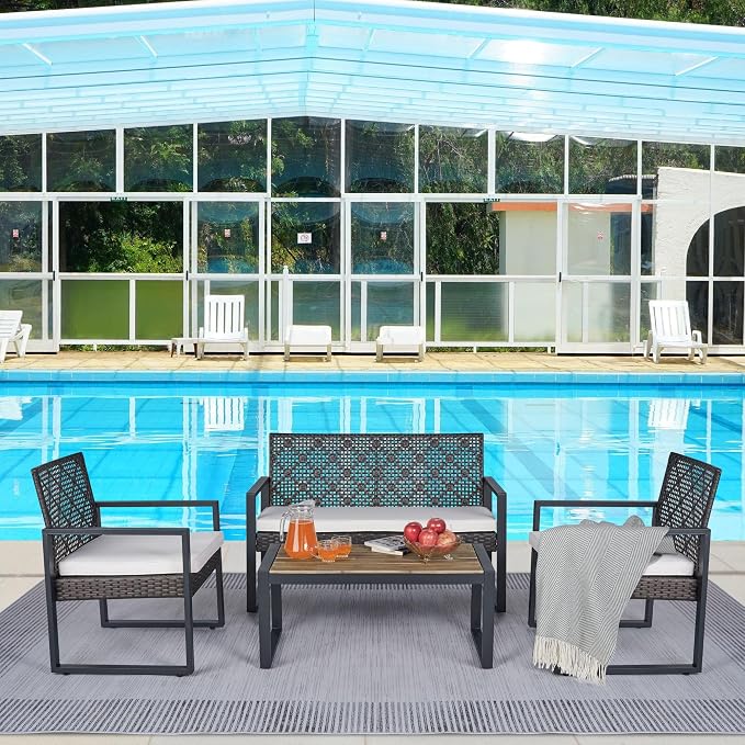 4 Piece Patio Furniture Set, Wicker Rattan Outdoor Furniture with Cushion, Patio Conversation Sets with Chairs Loveseat and Coffee Table for Outdoor, Porch, Yard, Poolside, Balcony, Lawn (Brown)