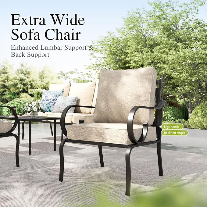 Sophia & William Patio Conversation Set for 5, 3-Seater Sofa, 2 Fixed Chairs and a Coffee Table, Metal Outdoor Furniture with 5.75" Extra Thick Cushions, Beige