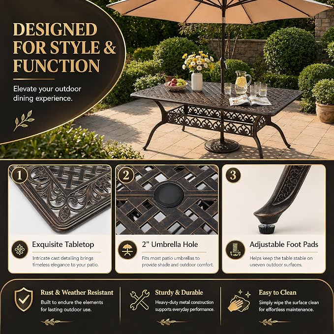 7 Piece Outdoor Dining Set Cast Aluminum Retro Patio Dining Set for 6 Includes 59” Rectangular Table 2 Swivel Chairs with Thicker Cushions and Umbrella Hole for Patio Deck Garden