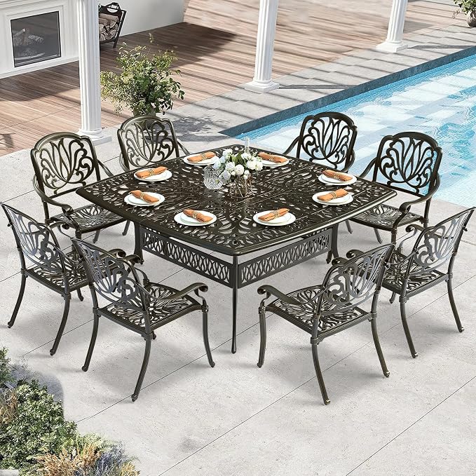 9 Piece Outdoor Patio Dining Set for 8, Cast Aluminium Large Square Dining Table & 8 Stackable Chairs, Umbrella Hole, Patio Furniture Set for Garden Porch Poolside, Dark Bronze