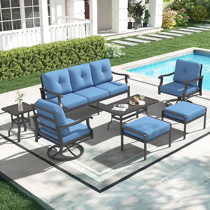 7 Piece Aluminum Patio Conversation Set, Outdoor Metal Furniture Set w/Rocking Swivel Chairs, 3-Seat Sofa, Ottomans and Coffee Side Table, 5" Thickened Cushions for Backyard, Poolside, Blue