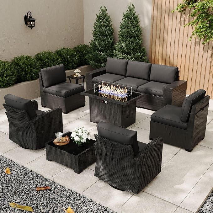 Patio Furniture Set with Fire Pit Table, 10 Pieces Outdoor All-Weather Wicker Conversation Sectional Chair Sofa Set with 2 Swivel Chairs