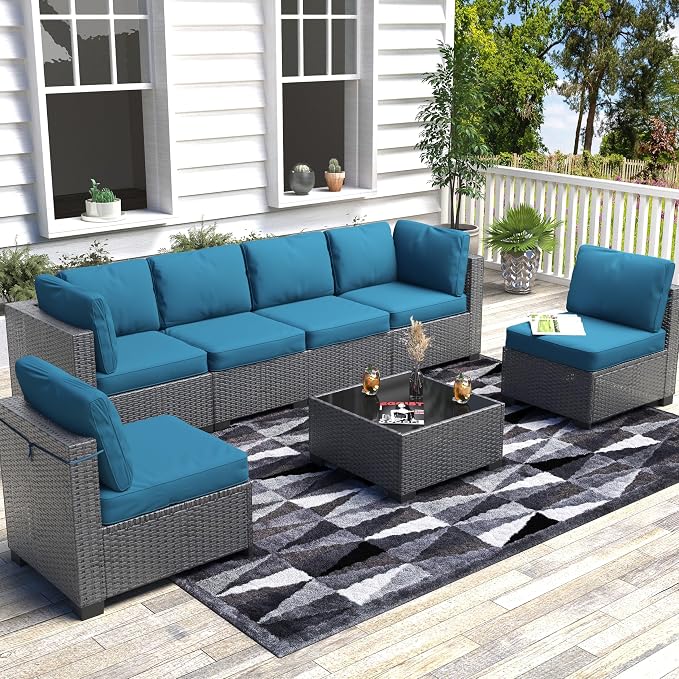 GAOMON 7-Piece Outdoor Patio Furniture Set, All-Weather Wicker Sectional Sofa with Thick Cushions and Glass Top Coffee Table, Modular Conversation Set for Garden, Balcony, Porch, Poolside