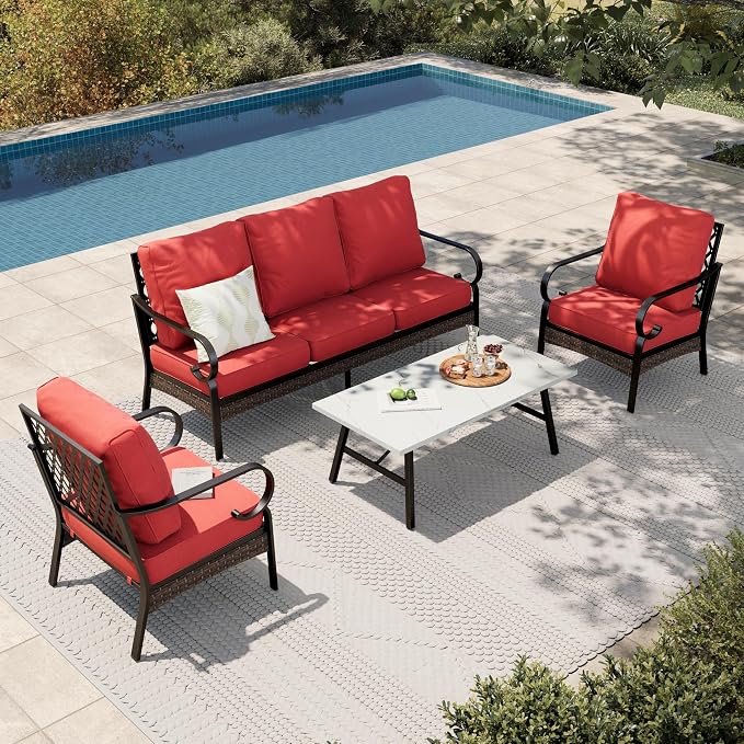 HERA'S HOUSE 4 Piece Metal Patio Furniture Set, All Weather Outdoor Conversation Set with 3 Seat Sofa, 2 x Cushioned Fixed Chair & Coffee Table, Seats 5 for Backyard, Garden, Deck, Red