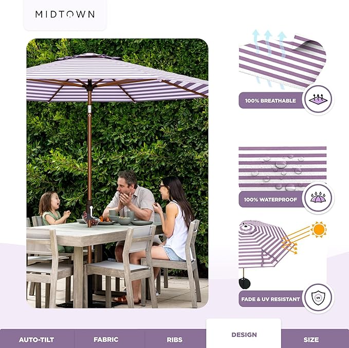 Midtown Umbrellas Wooden 2-10 Ft Patio Umbrella with 360° Swivel & Tilt Mechanism, 8 Fiberglass Ribs & Terylast Polyester Fabric for Deck, Pool, Garden & Porch - Midtown Stripes Canopy, Wooden Pole