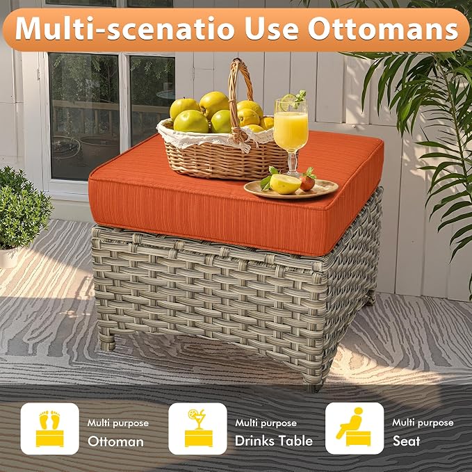 8 PCS Outdoor Patio Furniture Sets ,Patio Conversation Sets Outside Rattan Soft Cushion Sofa with 2 Wicker Rocking Chairs Soft Cushion Fit Backyard Porch Garden Poolside Balcony，Coarse Stripes Red