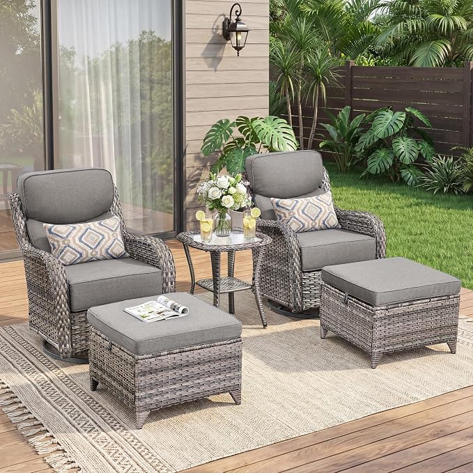 Luxury 5 Pieces Outdoor Patio Furniture Set-All Weather Wicker Outdoor Furniture with Swivel Rocker Patio Chairs 6-inch Extra Thick Cushions Wicker Conversation Set for Garden Porch(Grey/Grey)