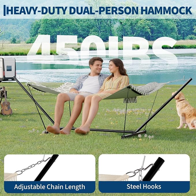 2 Person Double Hammock with Stand & Pillow, 450 LBS Heavy Duty Outdoor Hammock with Balance Rope, Weather Resistant Portable Hammock for Patio Backyard Poolside Camping