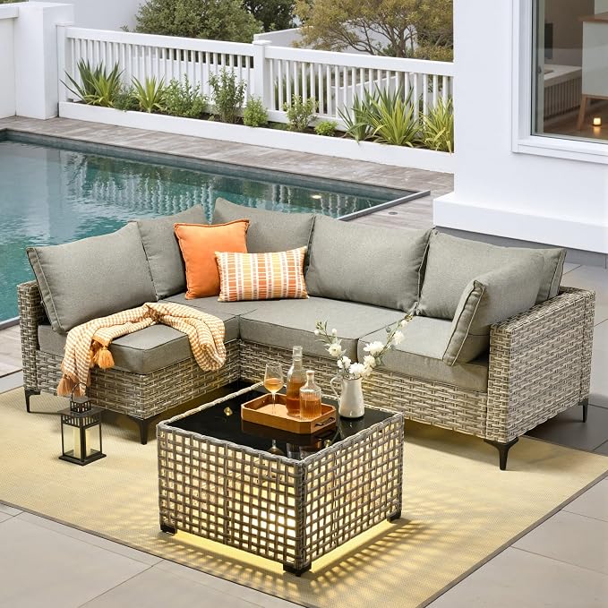 5 Pieces Patio Furniture Set with Solar Light Coffee Table, All-Weather Wicker Outdoor Sectional Conversation Sets L Shaped Sofas for Outside Porch Balcony Backyard Dark Grey