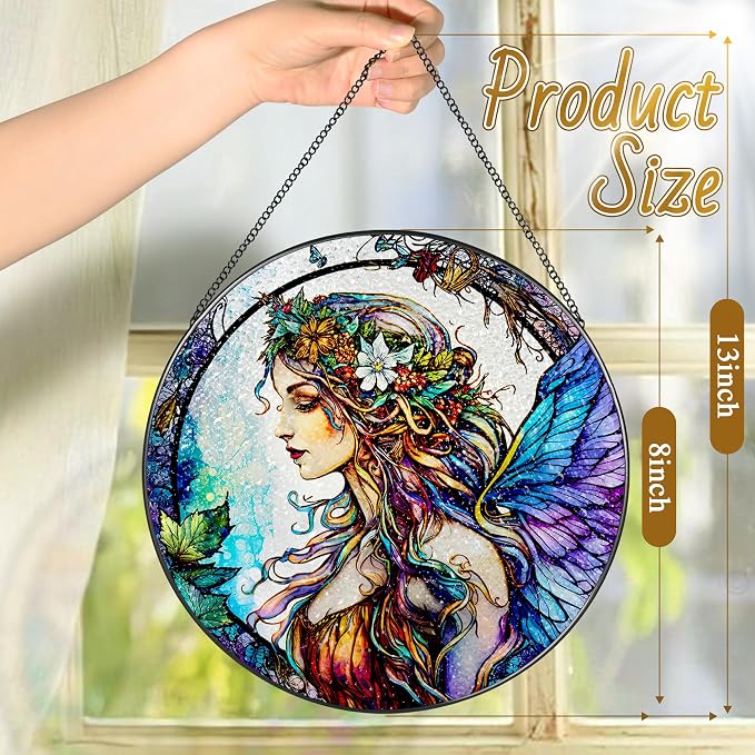 Stained Glass Window Hanging, LAOWEIKI 8'' Fairy Suncatcher, Stained Glass Ornament, Suncatchers for Windows Hanging, Window Decor, Outdoor or Indoor, Gifts for Women, Bestie, Friends