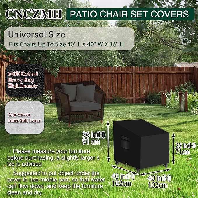 Heavy Duty Patio Chair Covers Waterproof Outdoor, 2 Pack 600D Patio Furniture Covers for Outdoor Rocking Swivel Adirondack Chairs, Lounge Deep Seat 40'' W x 40''D x 28''H/ 36''H Black