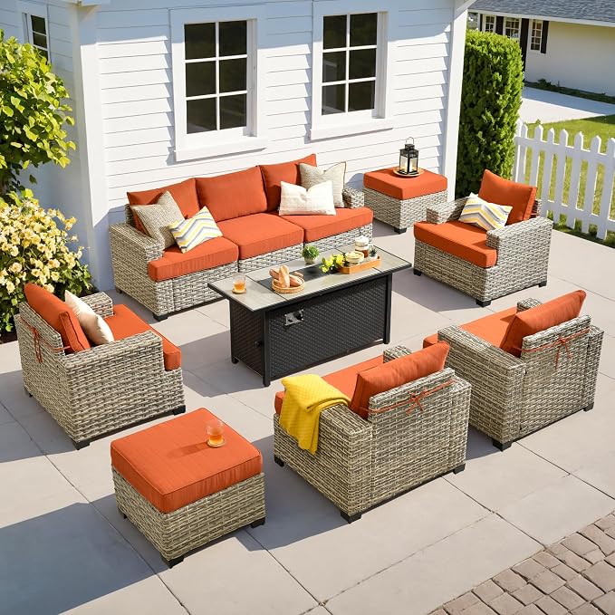 10 Pcs Outdoor Sectional Patio Furniture Set with Fire Pit Table - All Weather Wicker Modular Outside Sectional Couch,Patio Seating Outdoor Conversation Sets for Deck Yard Garden,Orange Red