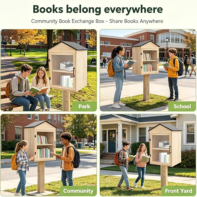 Little Outdoor Library Box, 2-Tier Waterproof Free Library Wooden Cabinet, 16x15x25 Inch Small Storage Box for DIY, Neighbourhoods, Communities and Kids to Share Books, Magazines, Artworks