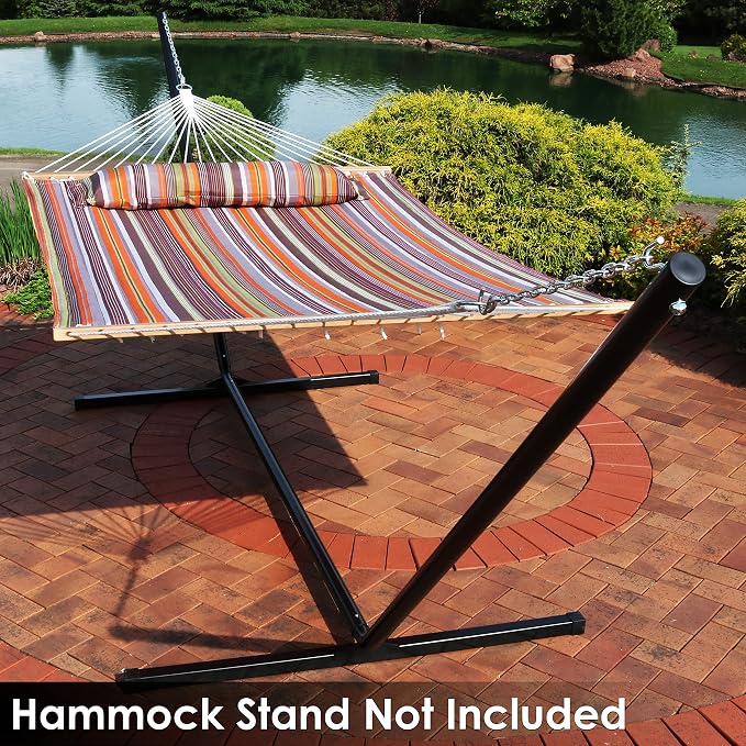 Sunnydaze Quilted Double Hammock for Outside with Spreader Bars and Pillow - 450 lb Capacity, 74x55 Inch Bed, UV Resistant, Quick Dry - Chains Included, Stand Sold Separately - Canyon Sunset