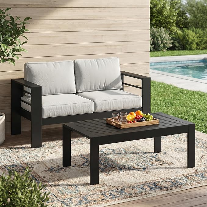 Solaste Aluminum Patio Furniture Set for All Weather, Oversized Metal Outdoor Furniture Set with 27.5" Deep Seating and Wide Armrest, Outdoor Loveseat Sofa with 10" Back Suport Cushion，Black and Gray
