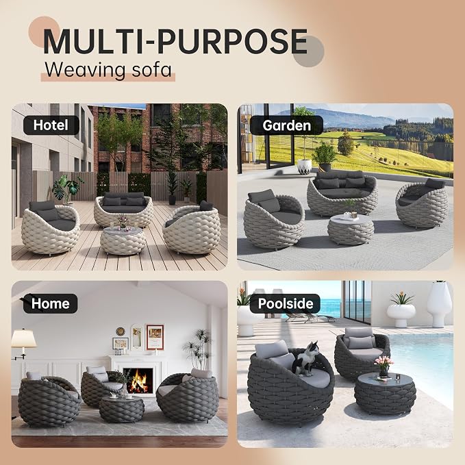 4-Piece Aluminum Wicker Patio Furniture Set, All Weather Rattan Conversation Sofa with Waterproof Cushion & Round Coffee Table, Indoor Balcony Backyard Sectional Couch, Dark Grey