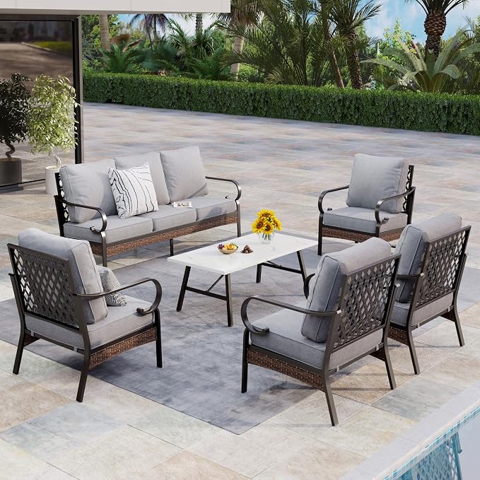 MIXPATIO Patio Furniture Set with Coffee Table, Outdoor Conversation Set with 4 x Fixed Chairs, 1 x 3-Seat Sofa for Lawn Garden Backyard, Light Grey