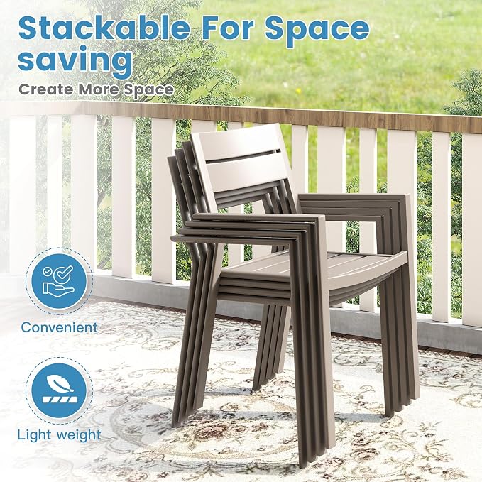 DIFY 11 Piece Outdoor Patio Dining Set for 10, Patio Table and Chairs Set with Umbrella Hole, 60" Round Dining Table and Stackable Metal Chairs for Backyard Garden Poolside, Grey Wood-Like & Sandshell