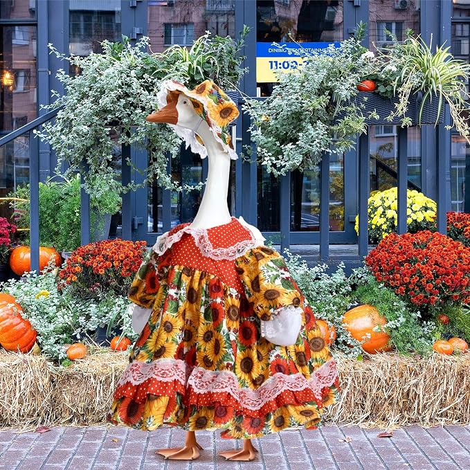 Soulchen 1 Set Fall Sunflower Porch Goose Outfit 23 Inch Cement Goose Clothes Dress and Hat Costume Set for Fall Summer Lawn Garden Yard Decor