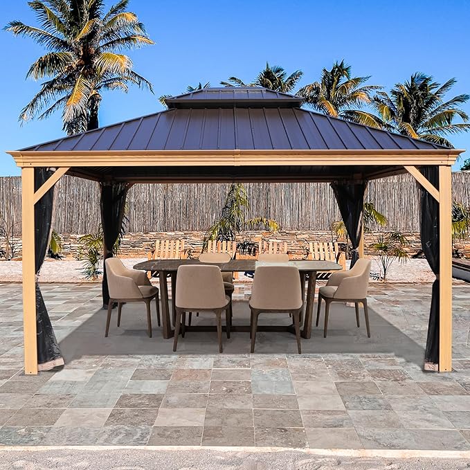Kozyard Apollo 12’x14’ Hardtop Gazebo, Wooden Coated Aluminum Frame Canopy with Galvanized Steel Double Roof, Outdoor Permanent Metal Pavilion with Netting for Patio Lawn