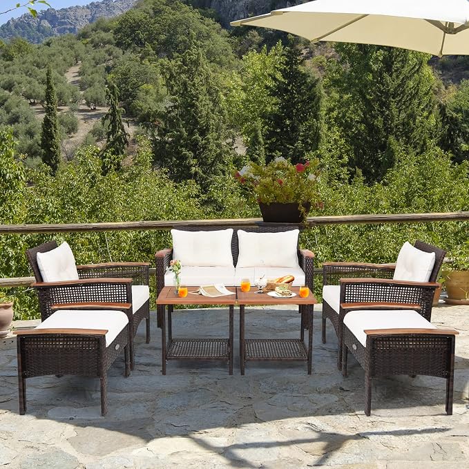 Tangkula 7 Piece Wicker Patio Furniture Set, Patiojoy Acacia Wood Patio Conversation Set with 2 Ottomans and 2 Storage Side Tables with Lower Shelf, Outdoor Cushioned Sectional Sofa Set (Off White)