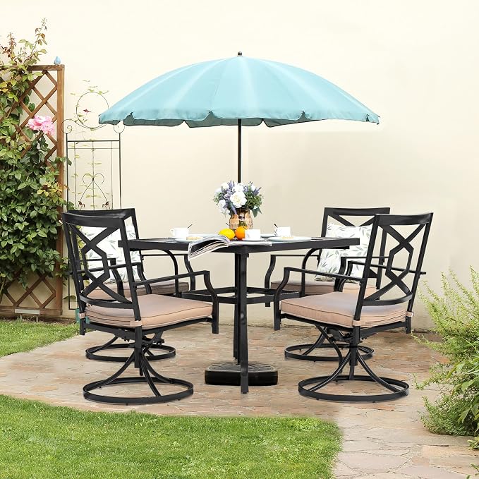 NUU GARDEN 5 Piece Outdoor Patio Dining Set, 4 Swivel Rocker Chairs with Padded Cushions, 37" x 37" Square Iron Dining Table with 1.57" Umbrella Hole, Black and Beige Cushion