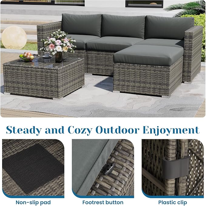5 Pieces Outdoor Patio Furniture Set, Patio Sectional Furniture Set, All-Weather Wicker Rattan Patio Conversation Set with Washable Thick Cushions and Coffee Table, Outdoor Patio Sofa Couch Set, Grey