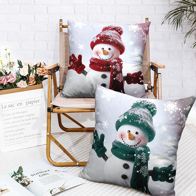 Christmas Green and Red Snowman Pillow Covers Winter Holiday Throw Pillow Covers 22x22 Cotton Linen Cushion Case for Bedroom Living Room Couch Pack of 2