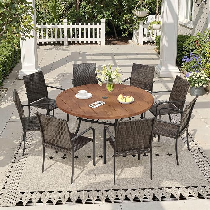 Outdoor Dining Set for 8, 53" Metal Round Outdoor Dining Table with Umbrella Hole and Wicker Stackable Patio Chairs, 9 Pieces Patio Table and Chairs Set for Garden Backyard, Walnut
