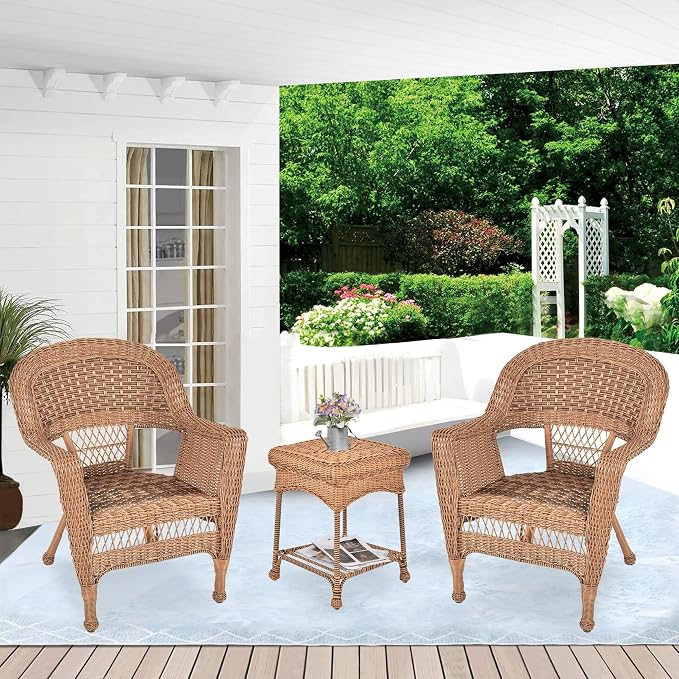 Jeco 3 Piece Wicker Chair and End Table Set without Cushion, Honey