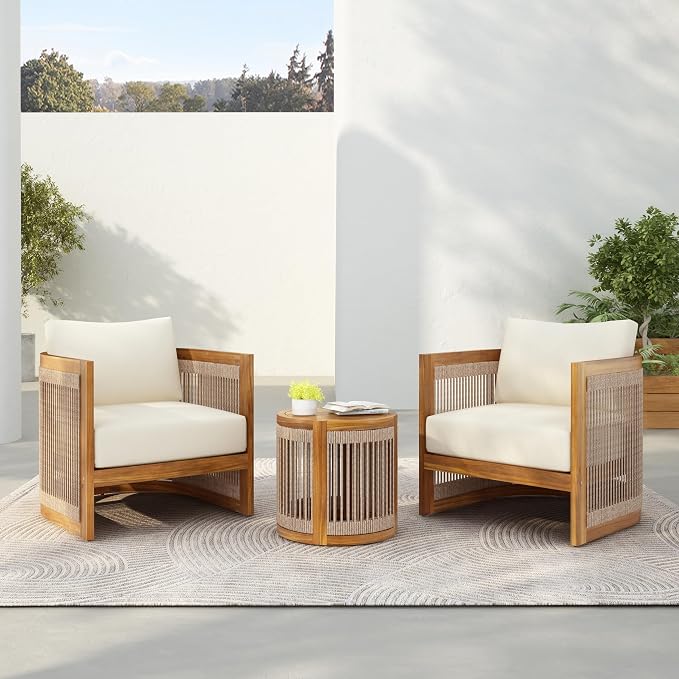 Christopher Knight Home Malphite 3 Pieces Conversation Set, Acacia Wood Chat Set, Round Coffee Table and Woven Rope Accent Chairs, Slat Design Patio Furniture Set for Backyard Garden, Beige + Teak