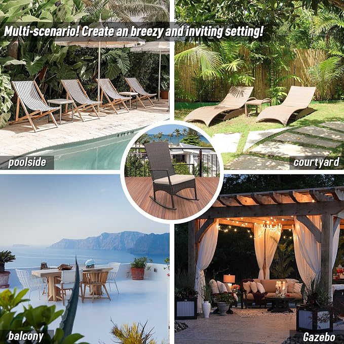 Outdoor HDPE Wicker Rocking Chair 3-Piece Patio Rattan Bistro Set 2 Rocker Armchair and Glass Coffee Side Table Furniture Washable Lacing Cushions, Khaki
