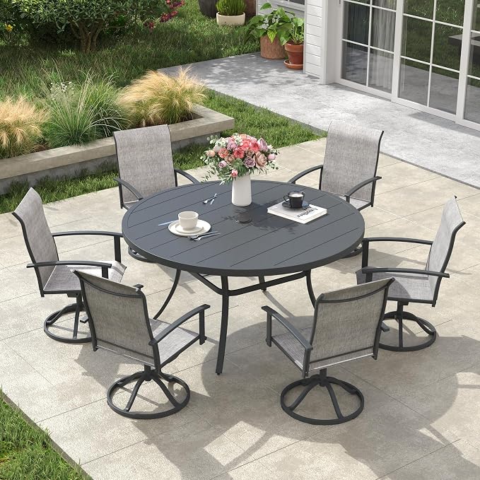 VICLLAX Outdoor Table and Chairs Set for 6, Patio Dining Set of 50 Metal Round Patio Table with Umbrella Hole & 6 Swivel Outdoor Dining Chairs for Backyard Lawn, Grey & Dark Grey