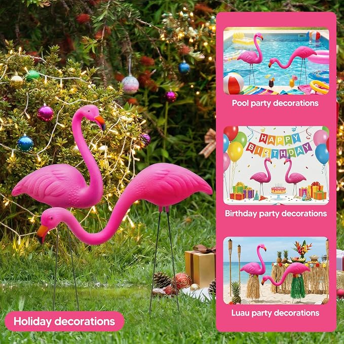 JOYIN Set of 2 Small Pink Flamingo Yard Ornament Stakes Mini Lawn Plastic Flamingo Statue with Metal Legs for Sidewalks, Outdoor Garden Decoration, Luau Party, Beach, Tropical Party Decor, 2 Styles