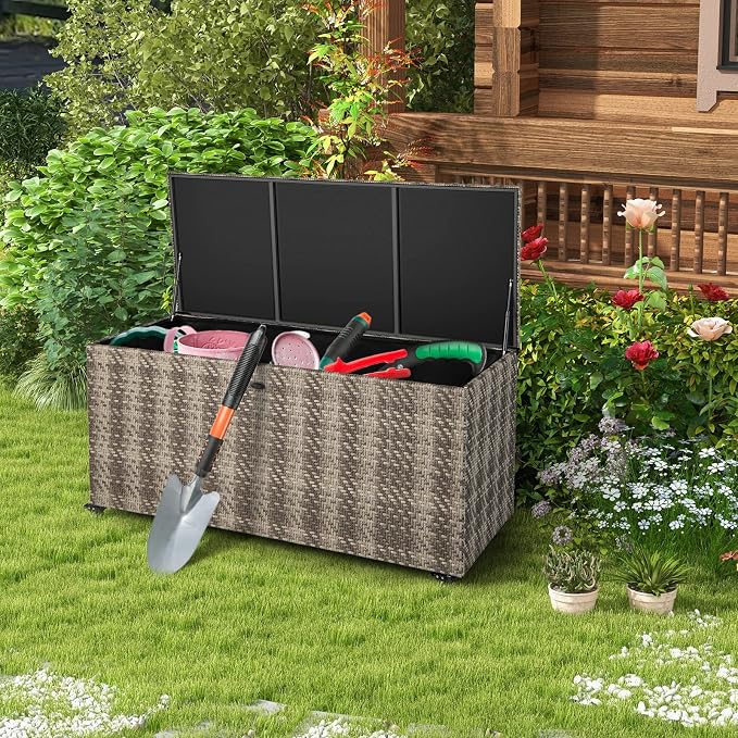 HAPPYGRILL PE Wicker Outdoor Deck Box, 96 Gallon Storage Box with 4 Wheels and Liner, 2-in-1 Multifunctional Storage Box for Patio Furniture Cushions Garden Tools Pool Accessories