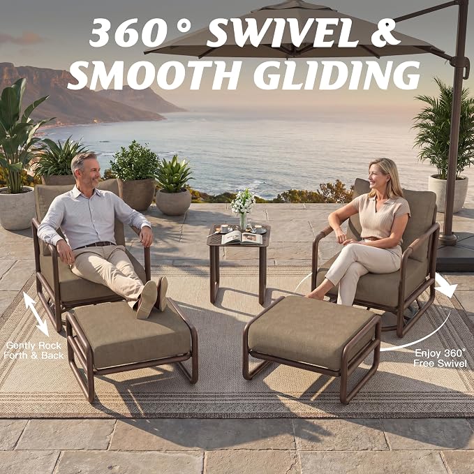 5-Pieces Round Aluminum Patio Furniture Set, Outdoor Swivel Rocking Chairs with 6.5" Thick Cushions & 2 Ottomans, All-Weather Rust-Resistant Frame Conversation Set for Porch, Garden, Backyard, Brown