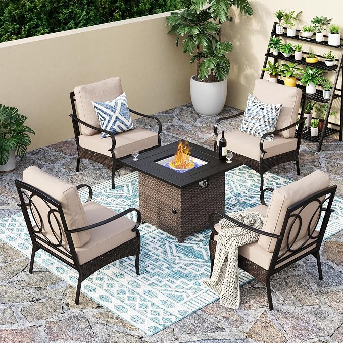 Patio Furniture Set with 32" Fire Pit Table,Patio Conversation Sets 4 Fixed Chairs with Thick Cushion and 50000 BTU Fire Pit Table (5 Pieces,Beige)