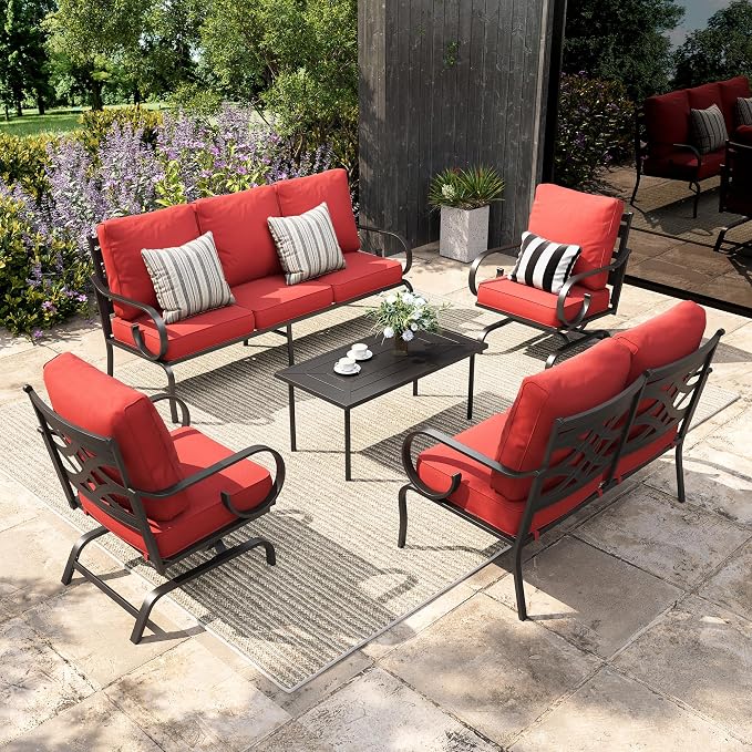 Sophia & William Patio Conversation Set for 7, a Loveseat, 3-Seater Sofa, 2 Rocking Chairs and a Coffee Table, Metal Outdoor Furniture with 5.75" Extra Thick Cushions, Red