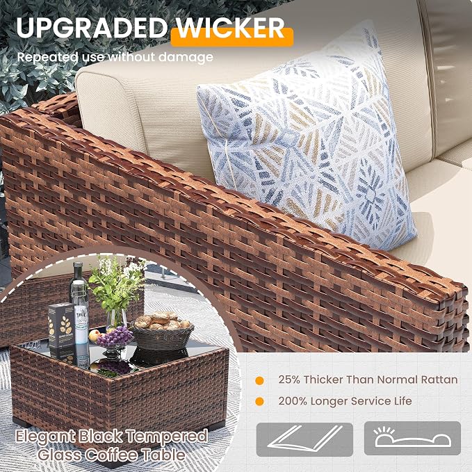 UDPATIO Patio Furniture Set, 7 Pieces Outdoor Sectional Sofa with 105°Slanted Back, Modular Rattan Conversation Set for Poolside, Backyard, Deck, with Coffee Table, Khaki