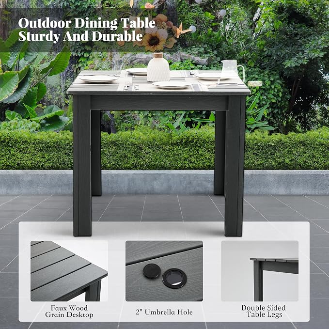 HDPE Outdoor Dining Set,5-Piece Outdoor Table and Chairs Include 4 Armchair Chairs and 35.5" Square Patio Dining Table with Umbrella Hole (Gray)